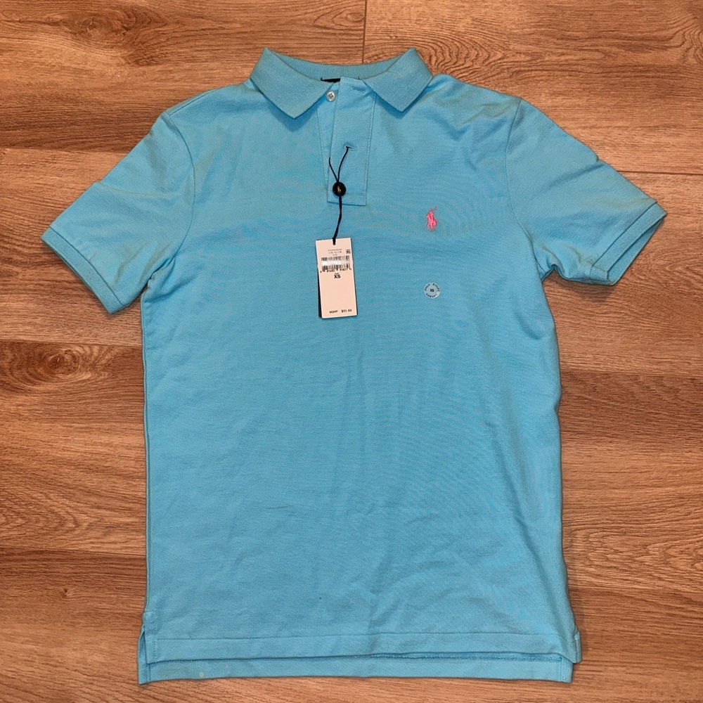 Polo by Ralph Lauren Men's Sky Blue Polo with Pink Emblem